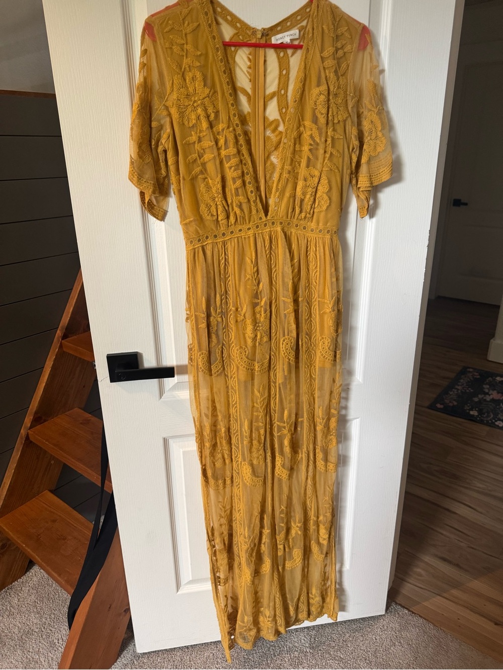 Honey Punch Mustard Yellow Embroidered Lace Maxi Dress